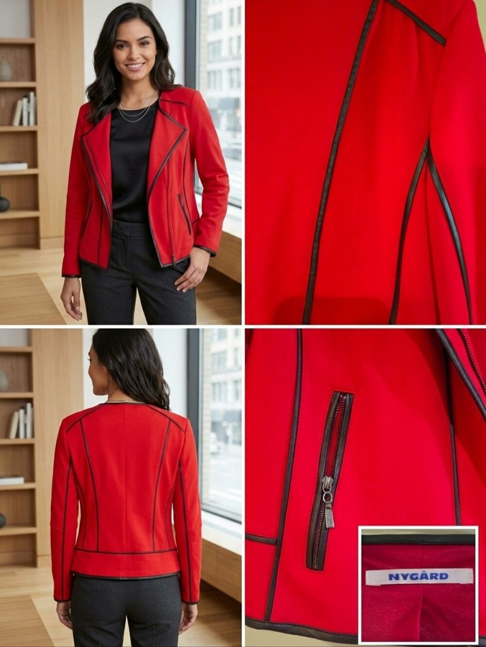 Peter Nygard Red Open Front Blazer Jacket Faux Leather Trim